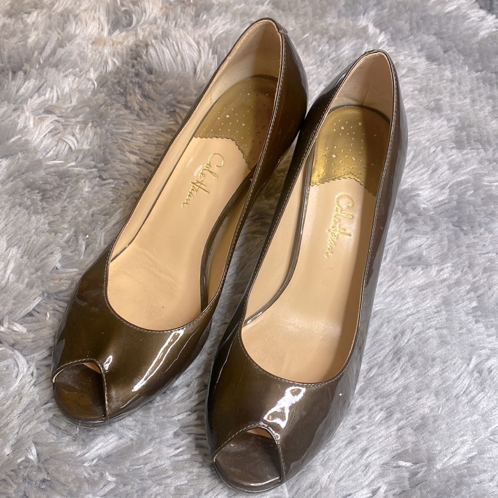 Cole Haan Brown Patent Open-Toe Heeled Pump Size 8.5 Excellent Condition